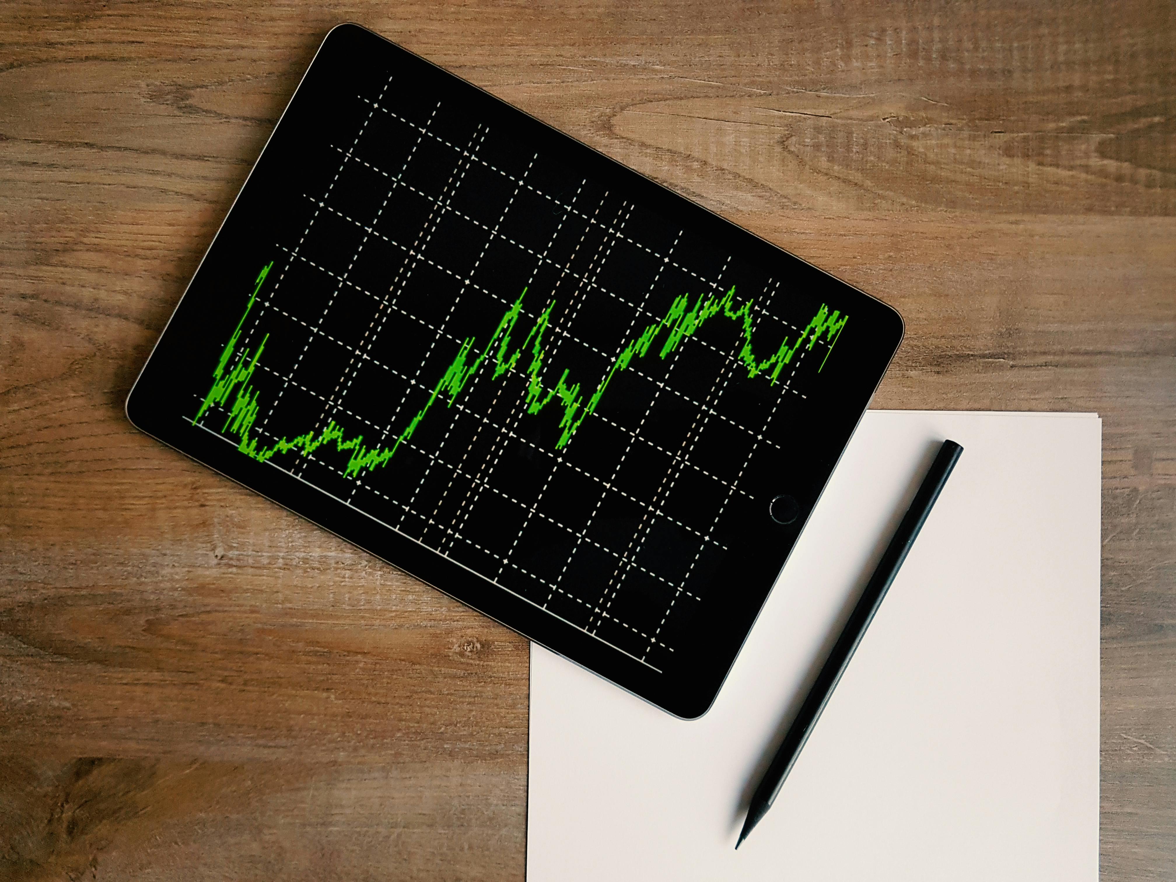 Tablet displaying a stock market line graph with green candlestick trends, placed on a wooden desk beside a black pen and blank paper – ideal for Webull day trading insights.