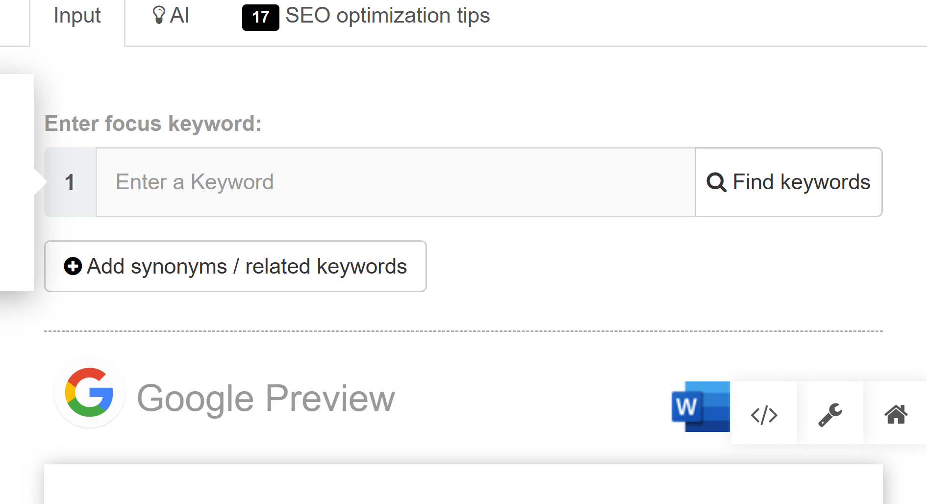 SEO keyword optimization tool interface showing input field for focus keyword, keyword finder button, and options to add related keywords. Google preview section visible below.