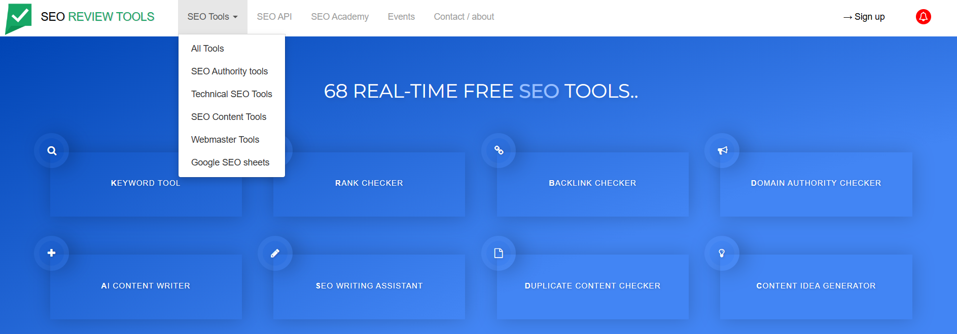 SEO Review Tools homepage showcasing 68 real-time free SEO tools, including keyword tool, rank checker, backlink checker, domain authority checker, AI content writer, and SEO writing assistant. Seoreviewtools